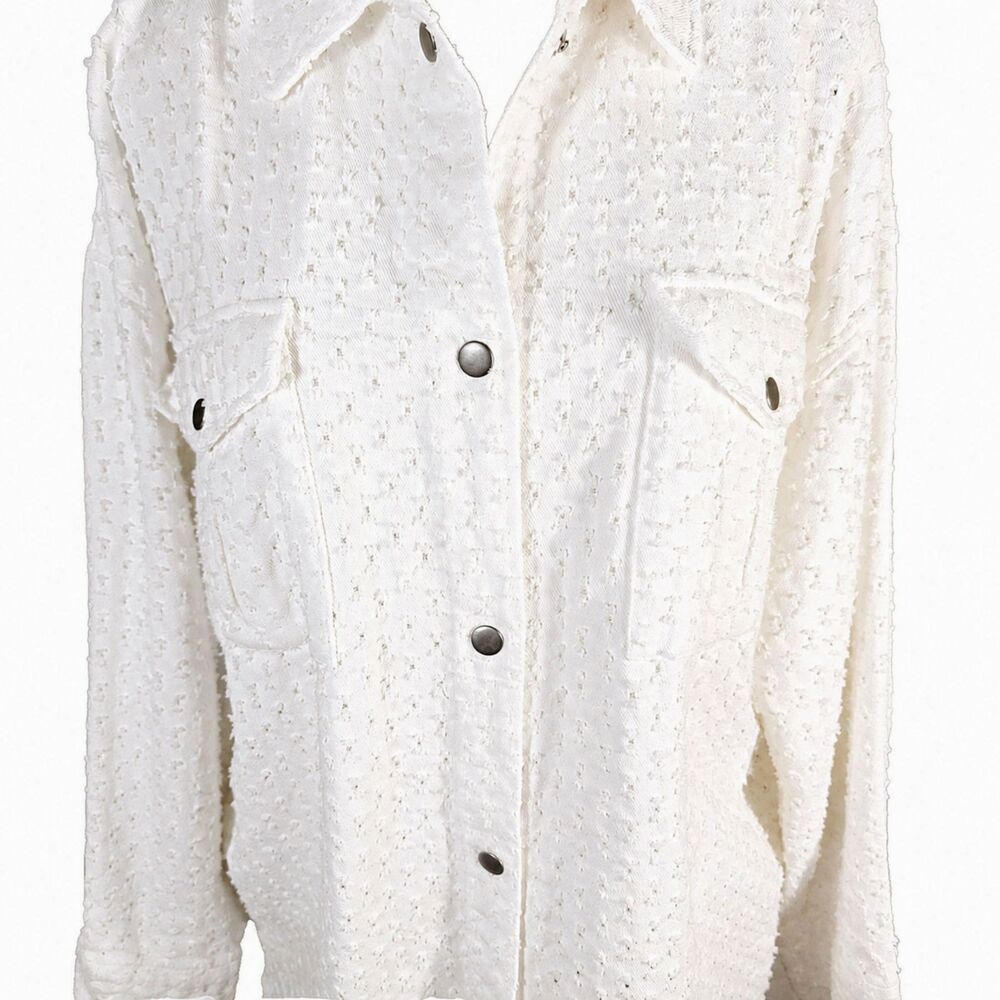 White Tattered Eyelet Shacket Petal Dew Women's Sz S Oversized Perforated Jacket